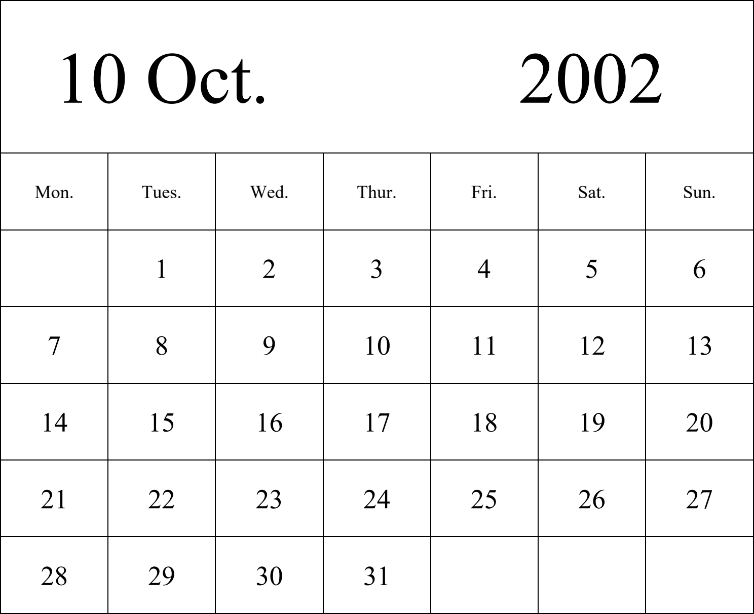 日历表2002年日历 英文版 纵向排版 周一开始 带节假日调休安排